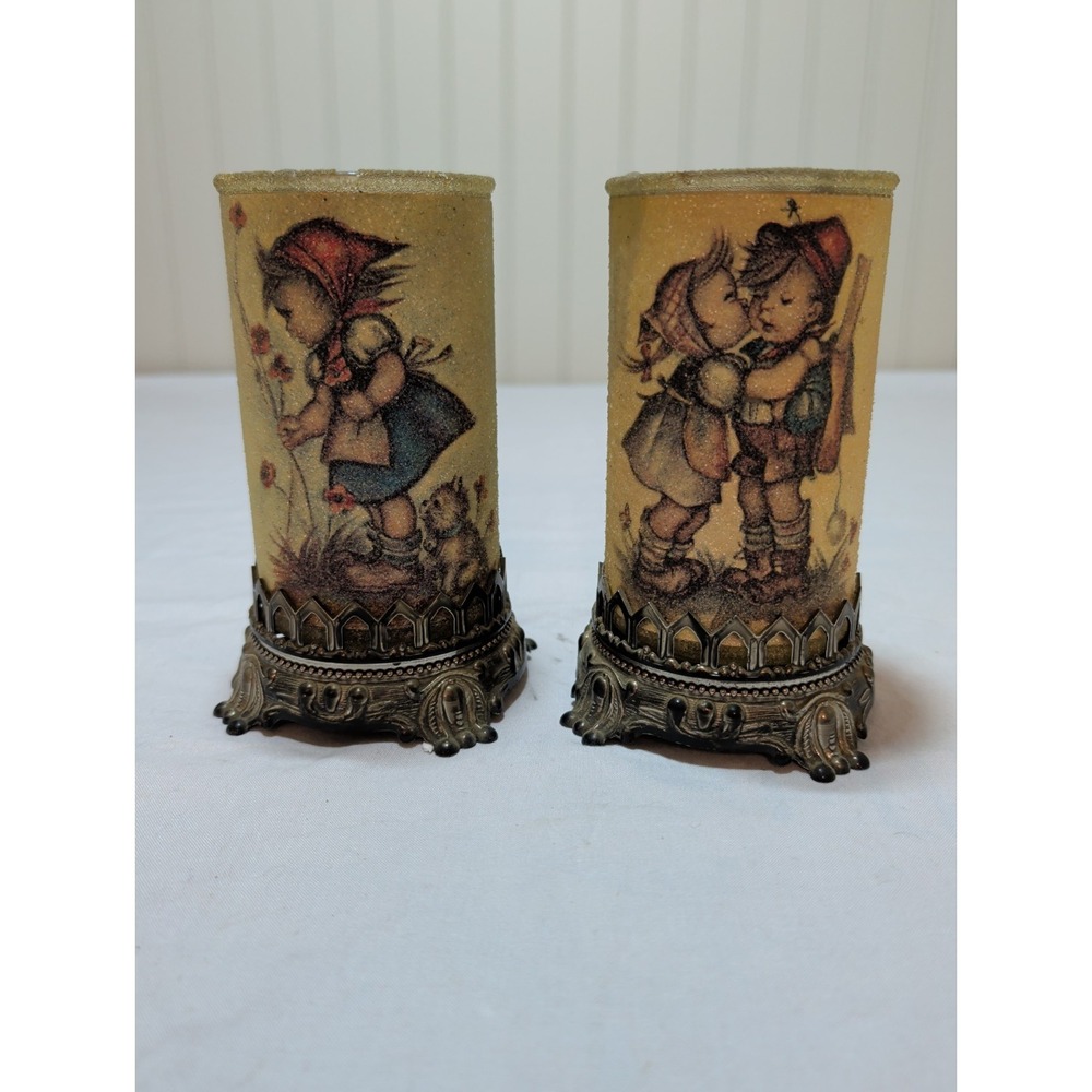 2 Vintage Sugar Frosted Glass Candle Holders Hummel Style Ornate Metal Base 5"